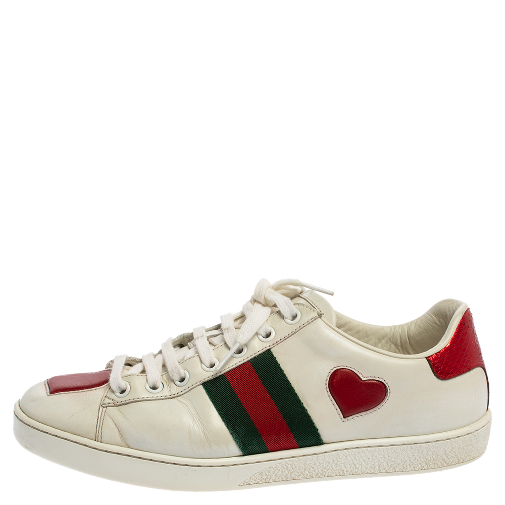 

Gucci White Leather Ace Heart Embroidered Sneakers Size