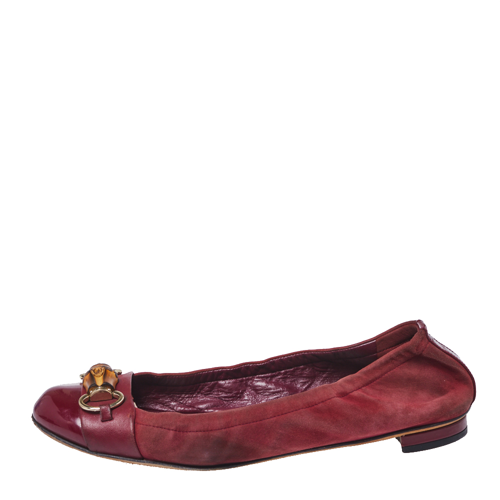 

Gucci Burgundy Suede And Patent Leather Bamboo Horsebit Ballet Flats Size