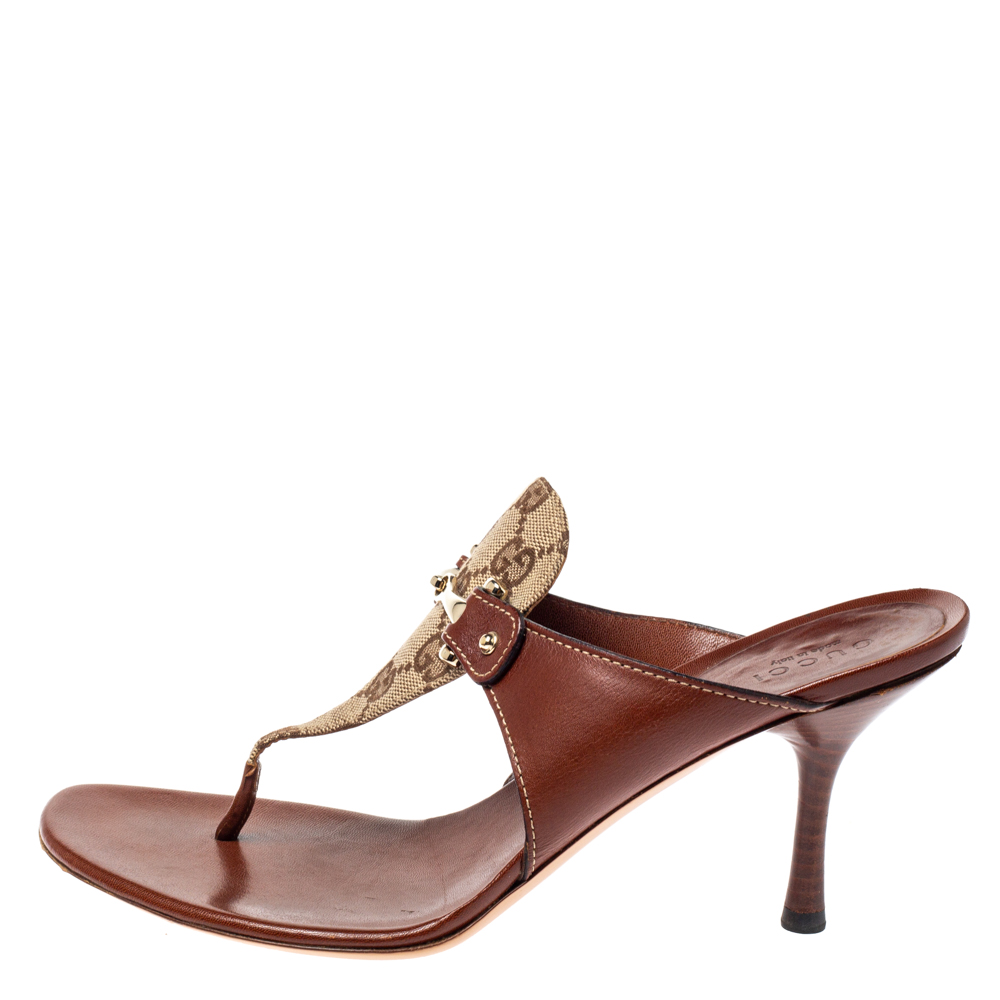 Gucci Brown Leather and GG Canvas Slide Sandals Size