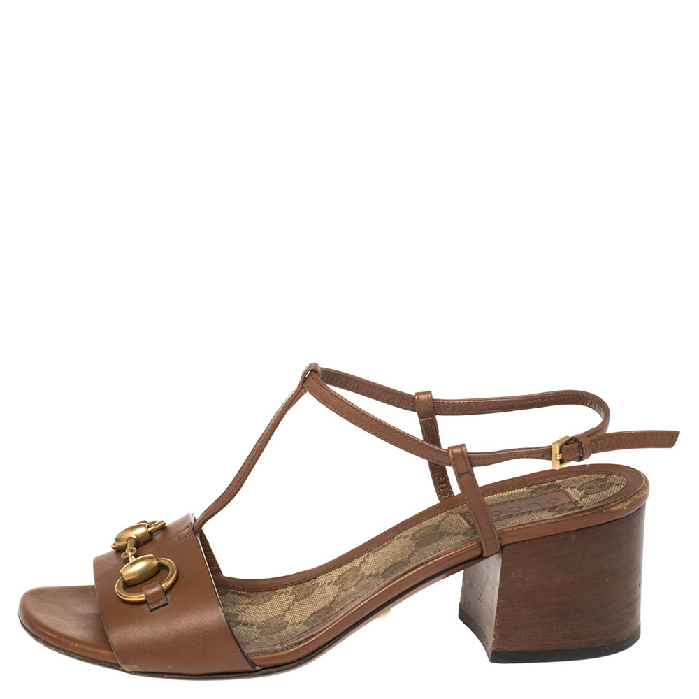 

Gucci Brown Leather Horsebit Detail T-Strap Sandals Size