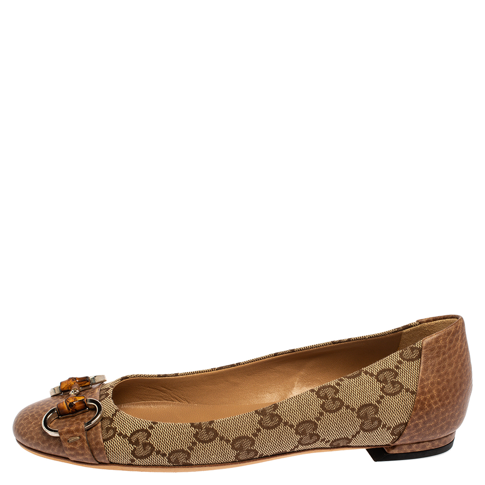 

Gucci Brown/Beige GG Canvas And Leather Bamboo Horsebit Ballet Flats Size