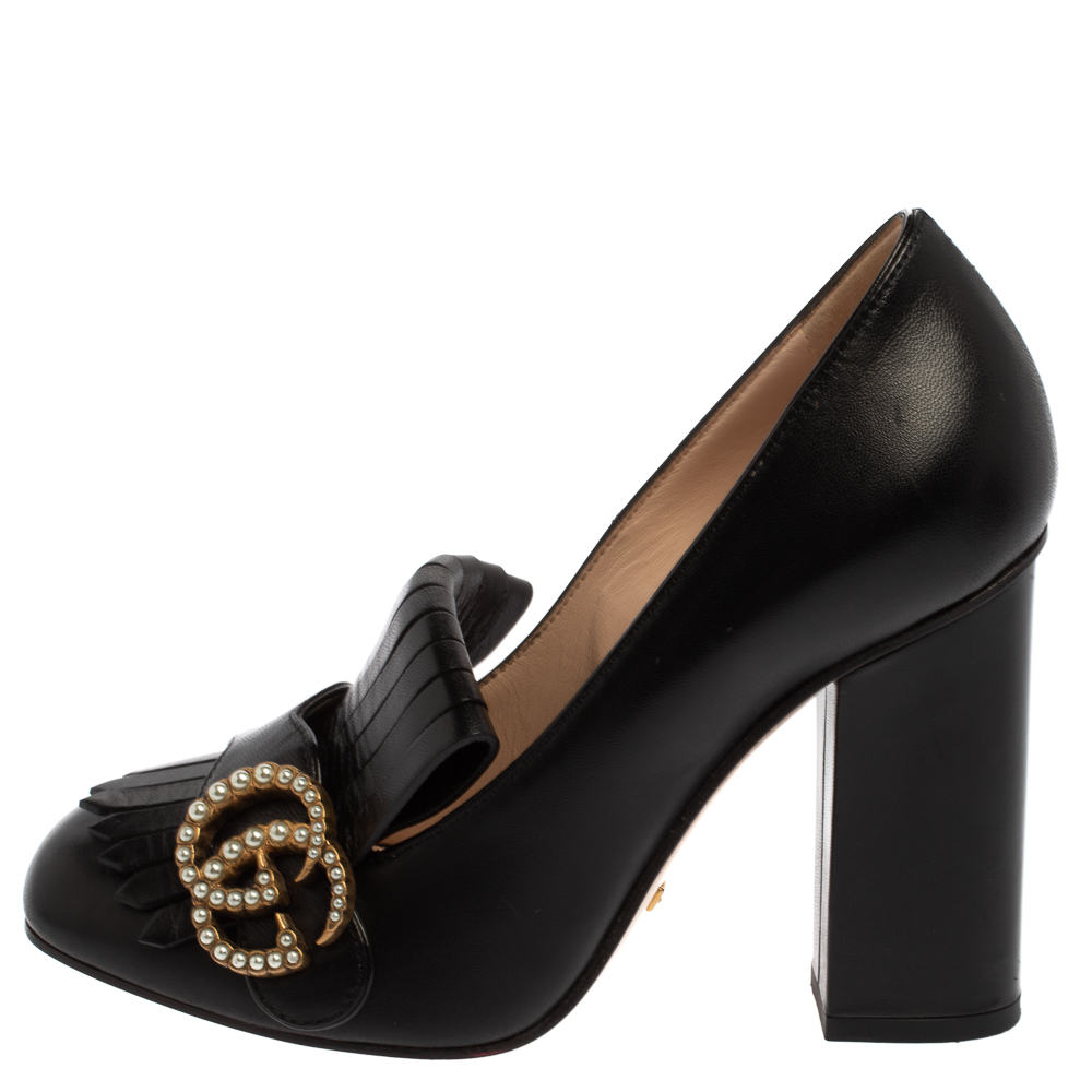 

Gucci Black Leather GG Marmont Fringe Detail Block Heel Pumps Size