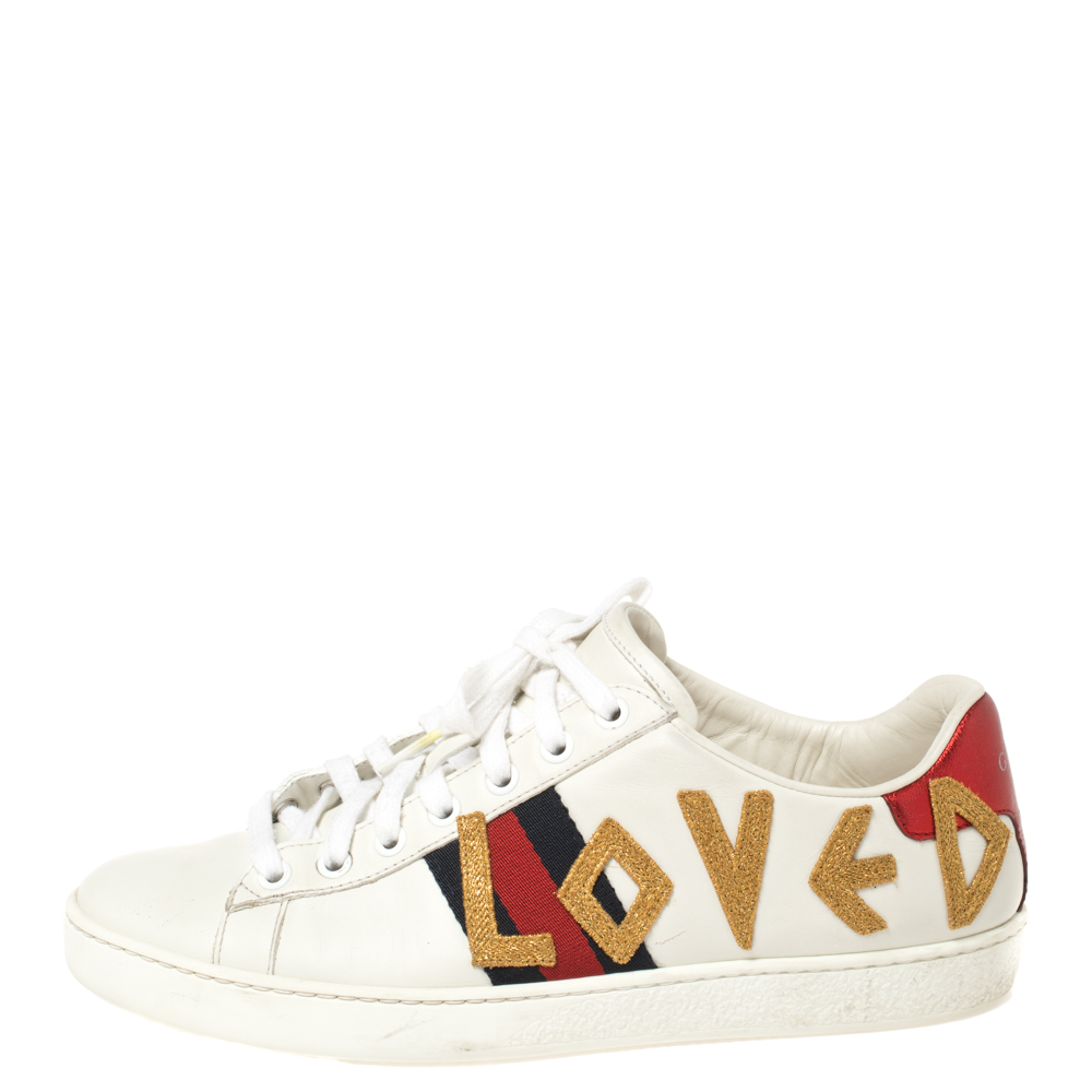 

Gucci White Leather Loved Embroidered Ace Sneakers Size