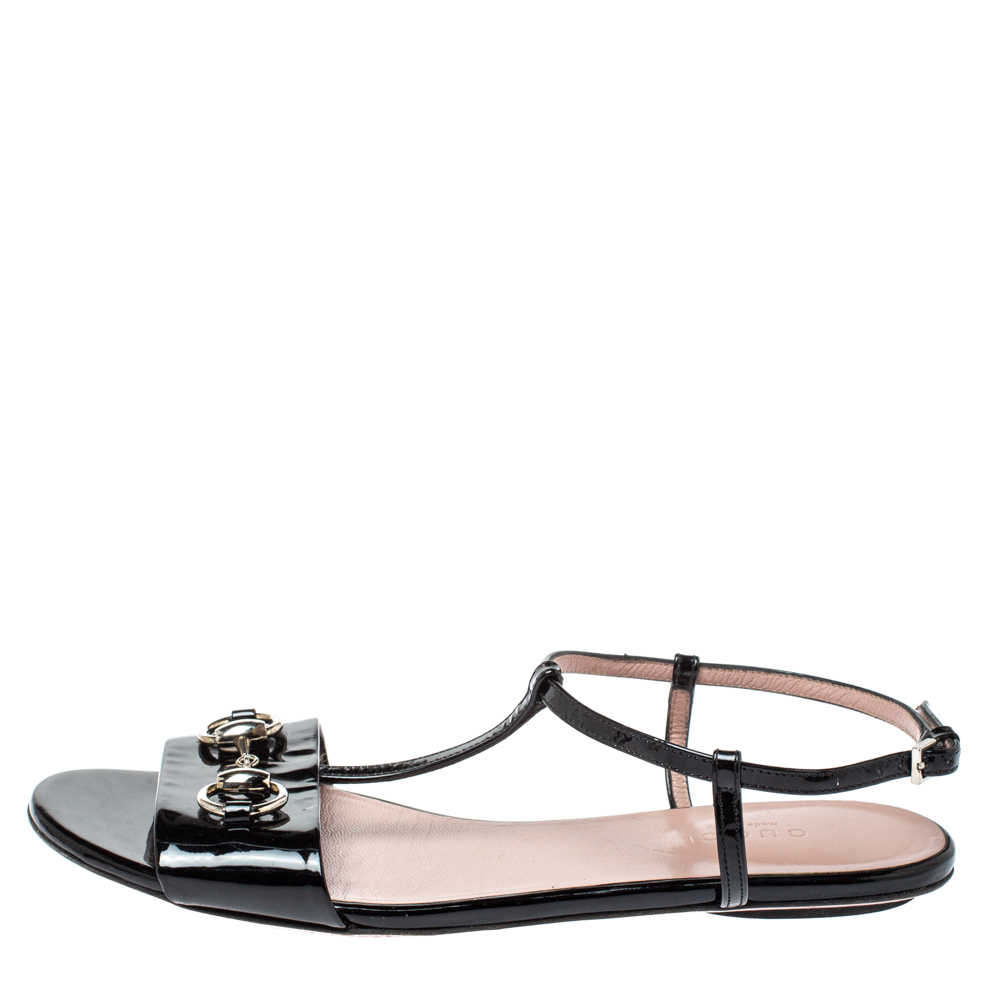 

Gucci Black Leather Horsebit T-Strap Flats Size