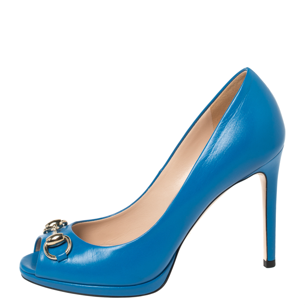 

Gucci Blue Leather Horsebit Peep Toe Pumps Size