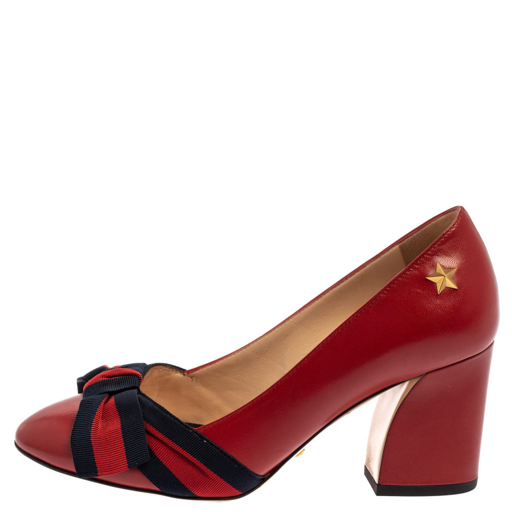 

Gucci Red Leather Web Bow Block Heel Pumps Size