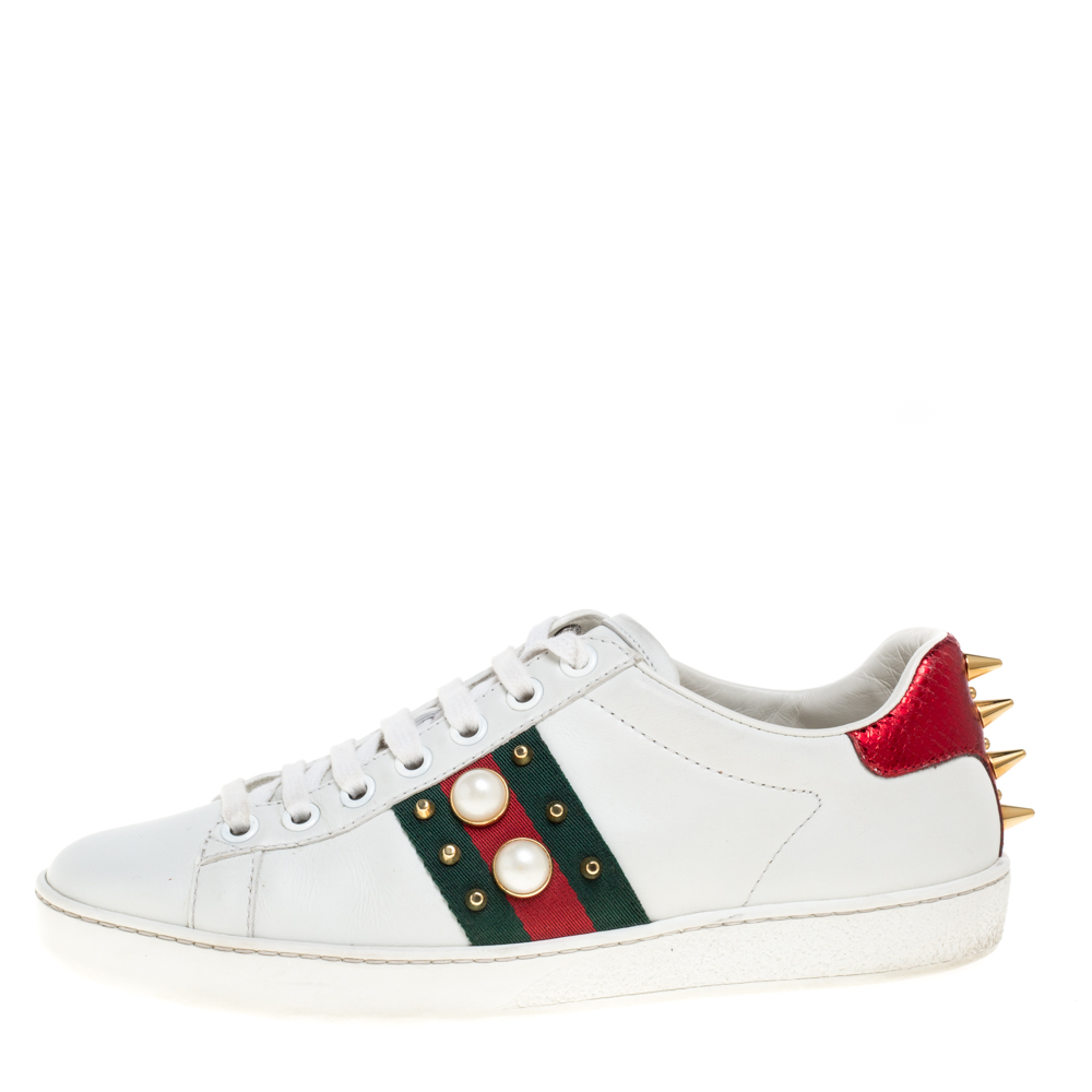 

Gucci White Leather New Ace Web Faux Pearl Embellished Low Top Sneakers Size