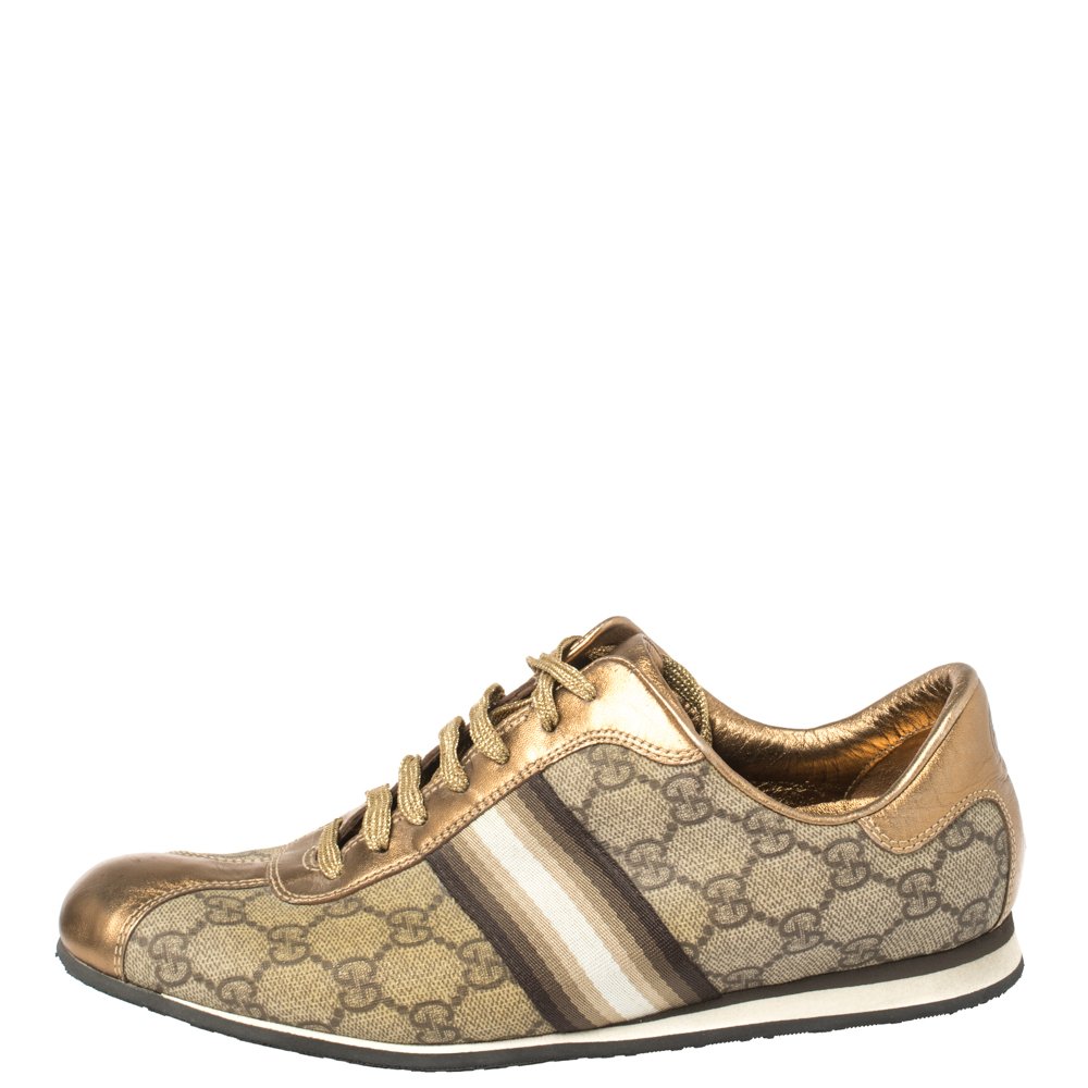 

Gucci Beige/Gold Supreme Canvas and Leather Web Low Top Sneakers Size