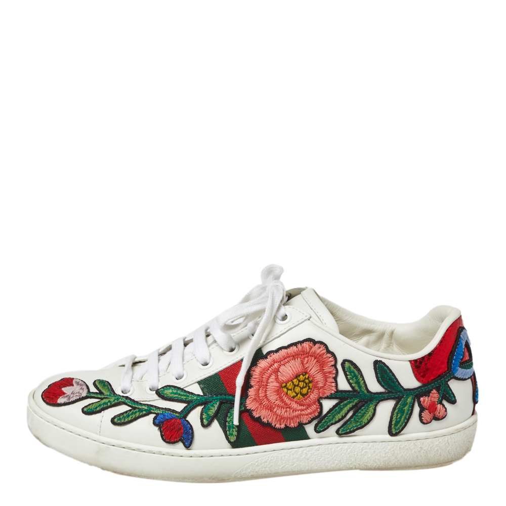 

Gucci White Floral Embroidered Leather Ace Low Top Sneakers Size
