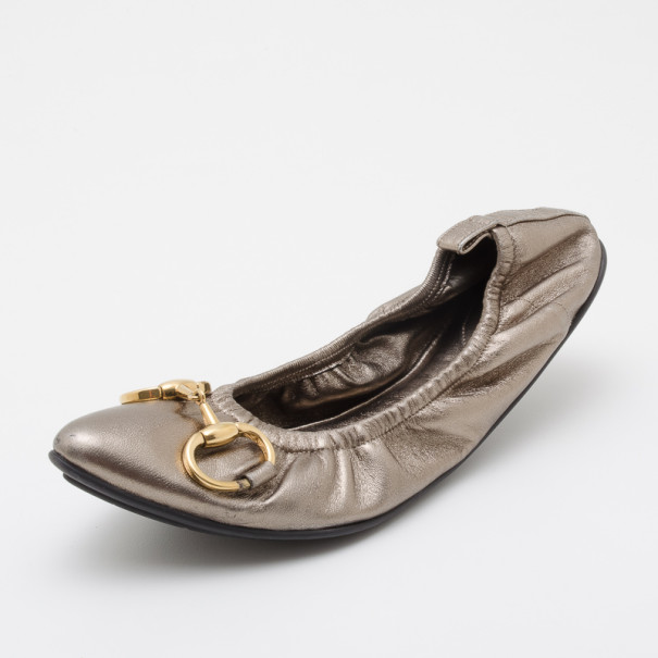  Gucci Bronze Horsebit Ballet Flats Size 37.5