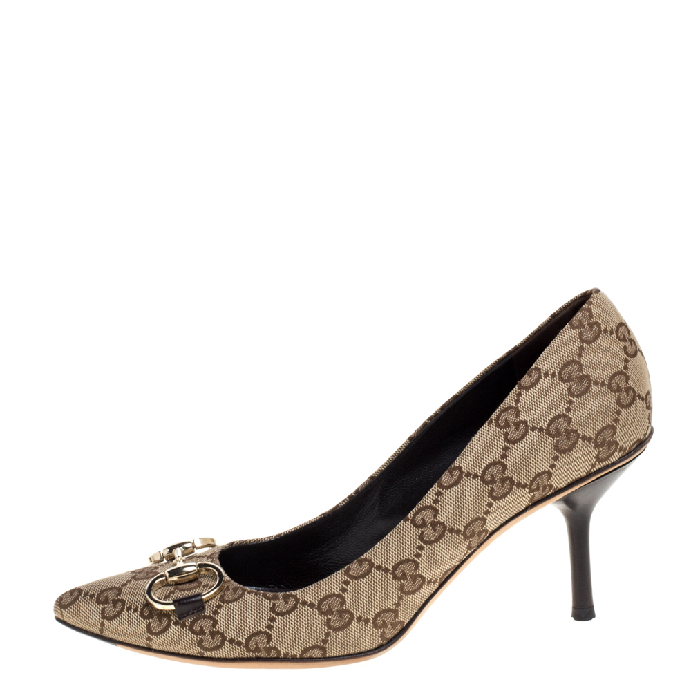 

Gucci Beige GG Canvas Horsebit Pointed Toe Pumps Size