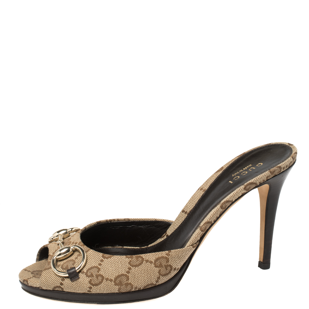 

Gucci Brown GG Canvas New Hollywood Horsebit Slides Size