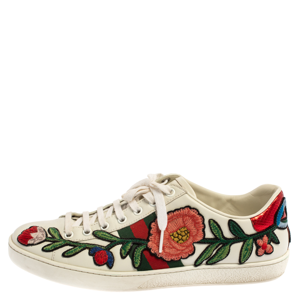 

Gucci White Floral Embroidered Leather Ace Low Top Sneakers Size