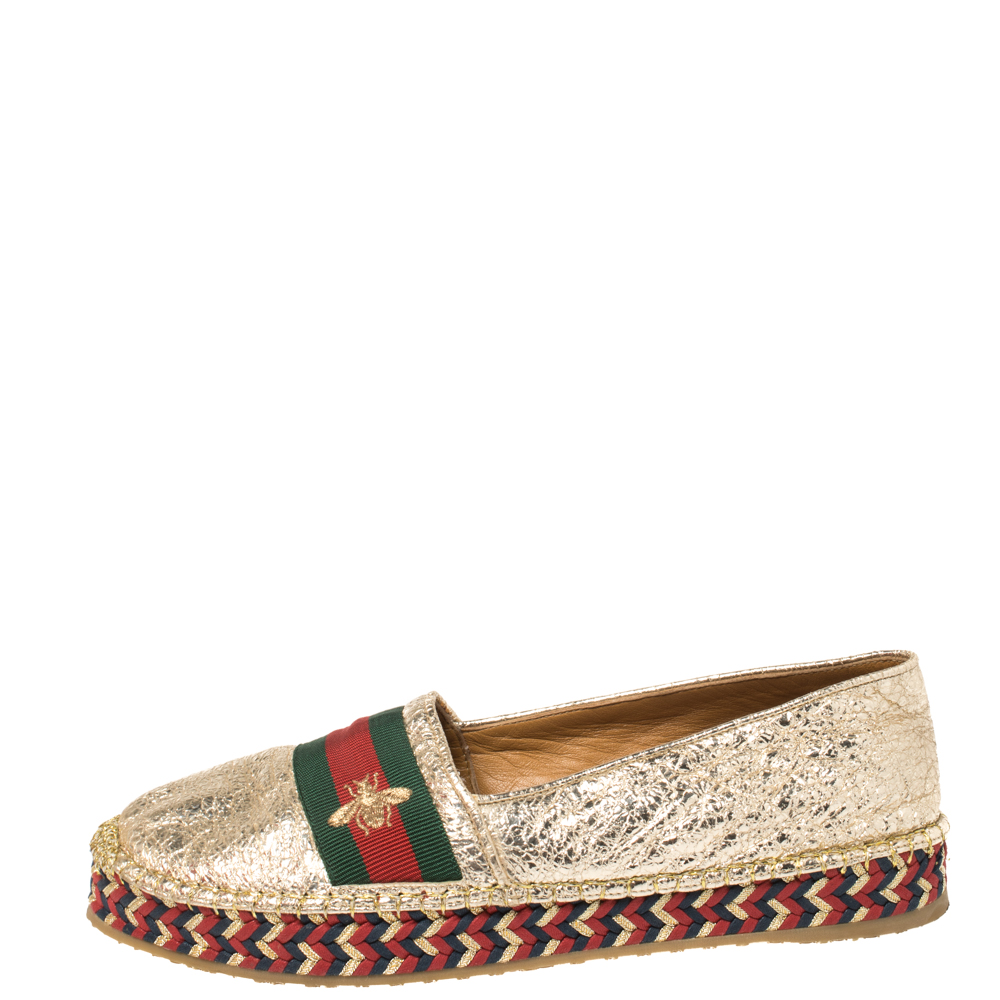 

Gucci Metallic Gold Crinkled Leather Web Pilar Bee Espadrilles Flats Size