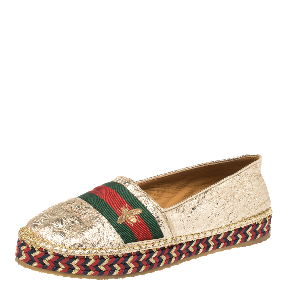 Pre-owned Gucci Metallic Gold Crinkled Leather Web Pilar Bee Espadrilles Flats Size 37.5