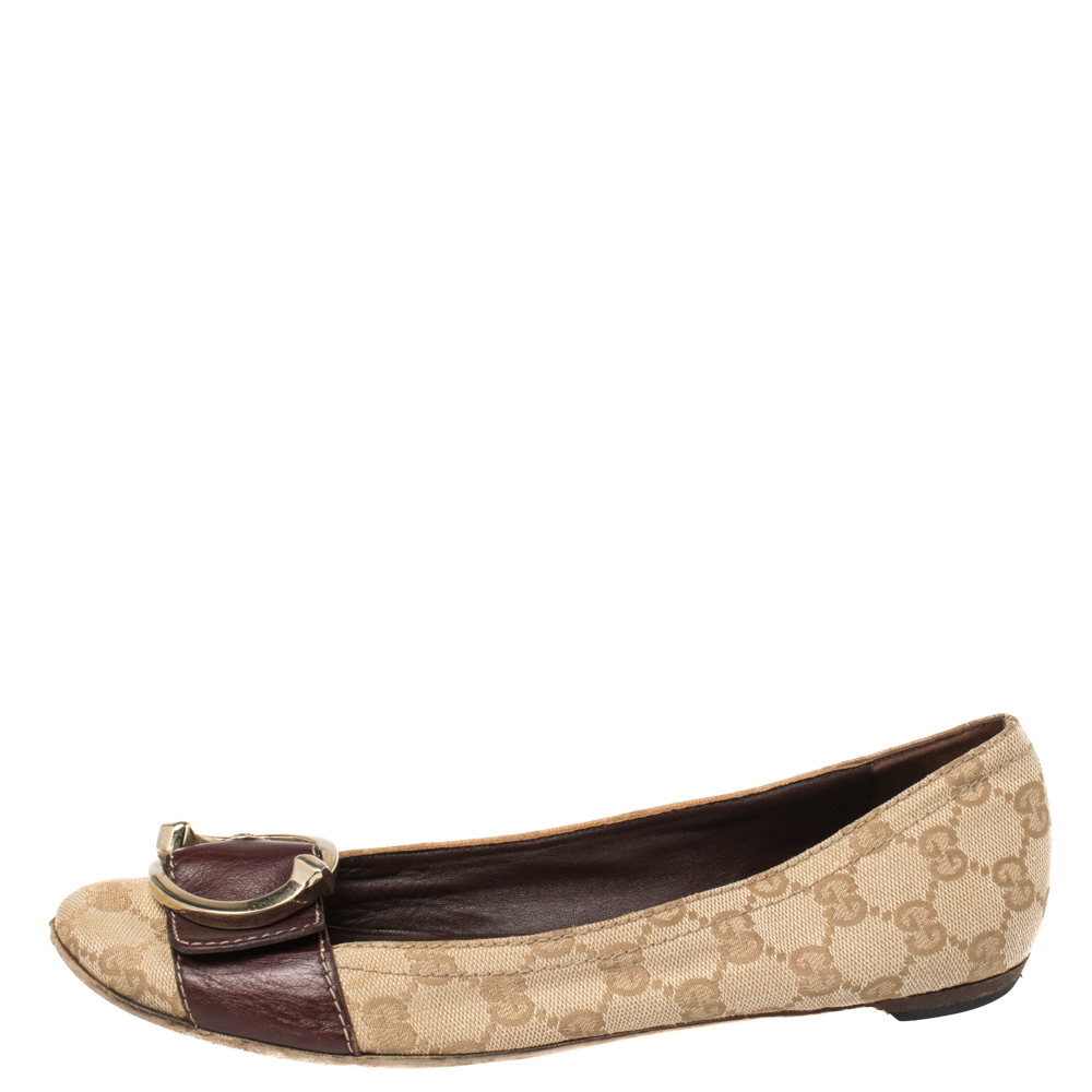 

Gucci Brown Leather and GG Canvas Buckle Detail Ballet Flats Size