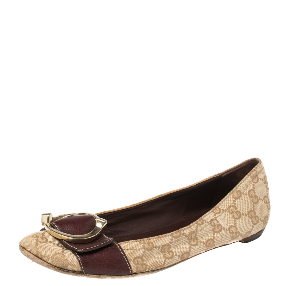 Pre-owned Gucci Brown Leather And Gg Canvas Buckle Detail Ballet Flats Size 39