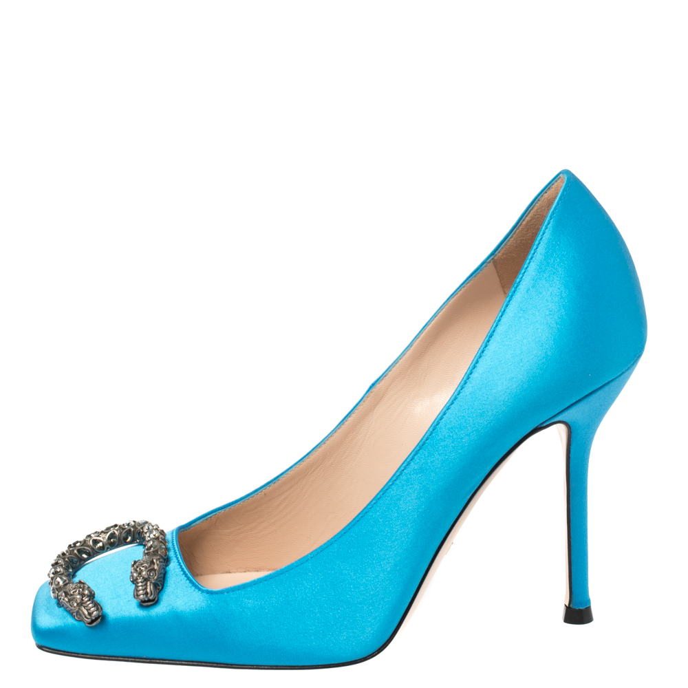 

Gucci Blue Satin Dionysus Buckle Square Toe Pumps Size