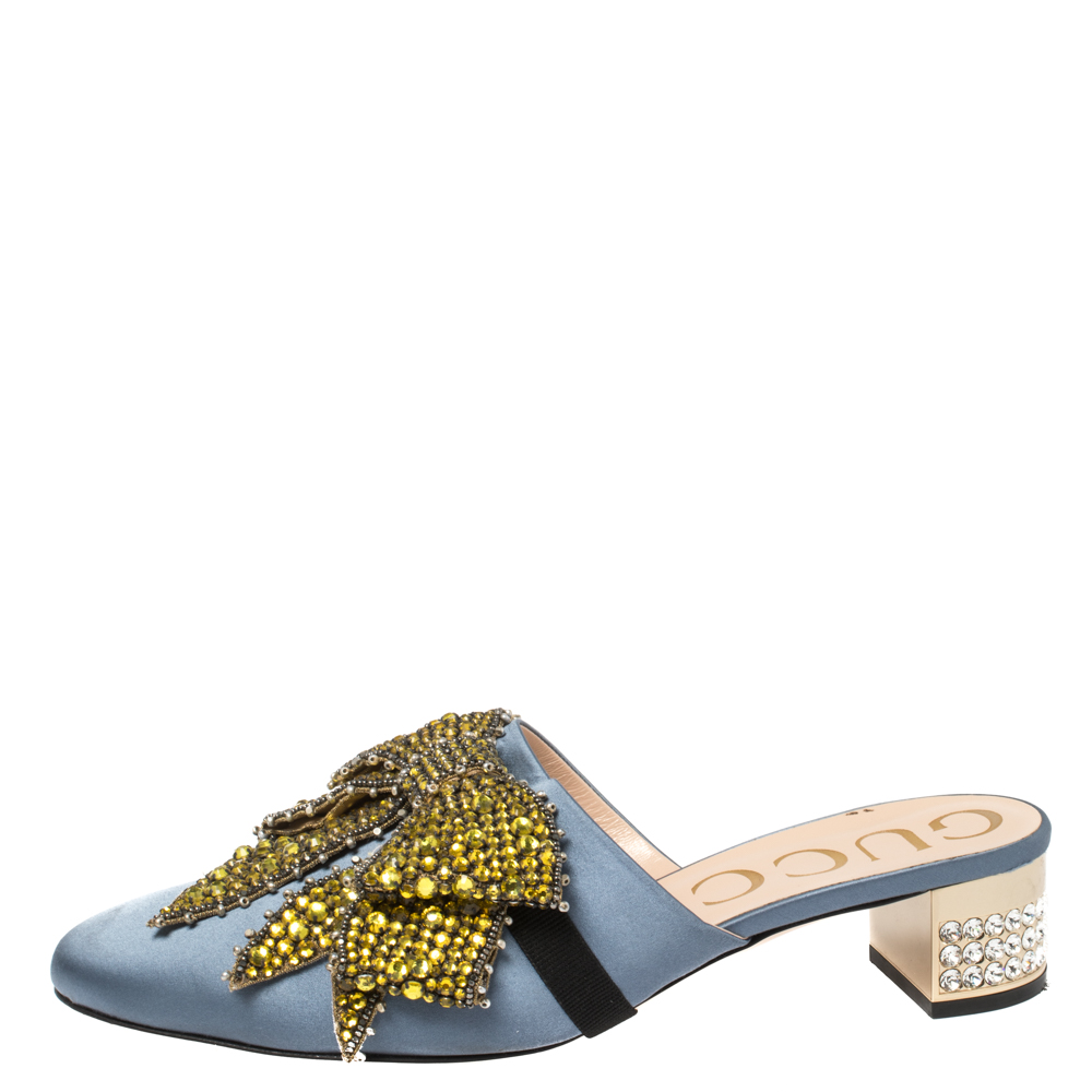 

Gucci Dark Grey Satin Candy Bow Embellished Mules Size, Blue