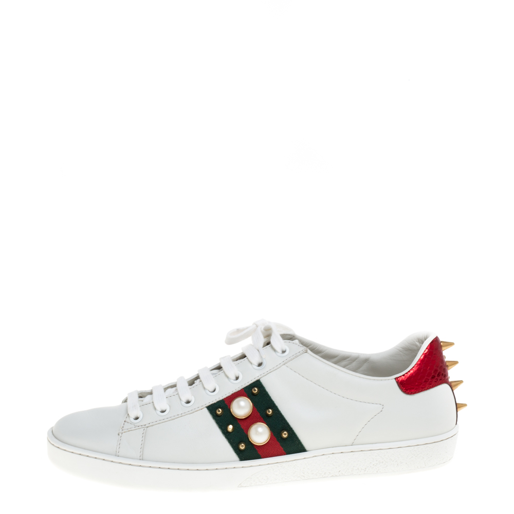 

Gucci White Leather New Ace Web Pearl Embellished Low Top Sneakers Size