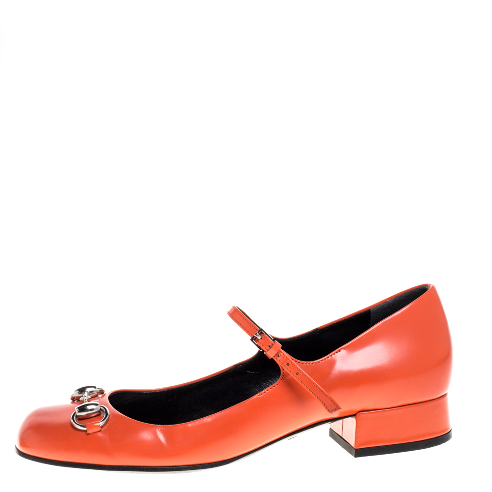 

Gucci Orange Leather Horsebit Mary Jane Square Toe Flats Size