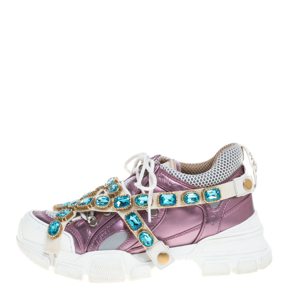 

Gucci Metallic Purple Leather and Mesh Flashtrek Removable Crystals Sneakers Size