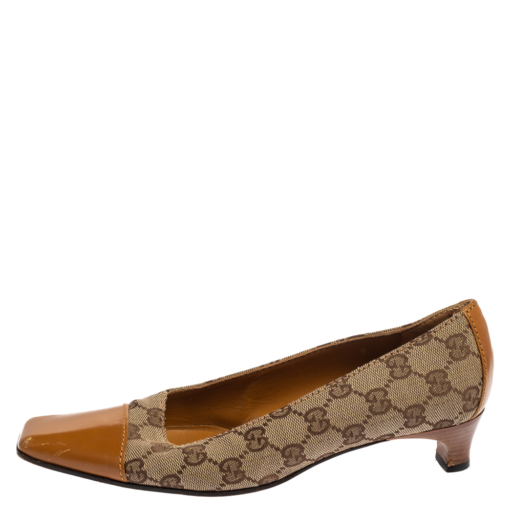 

Gucci Tan/Beige GG Canvas and Leather Square Cap Toe Pumps Size