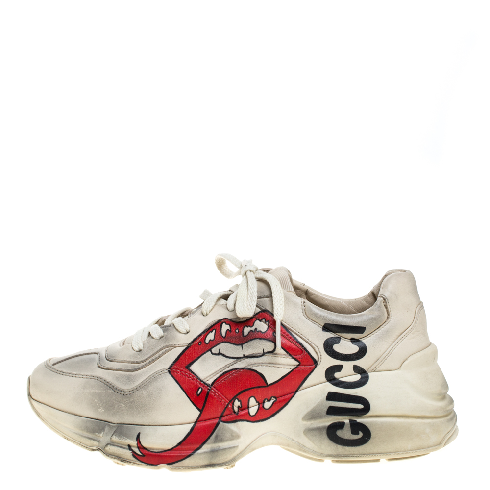 

Gucci Cream/Grey Leather Rhyton Open Mouth Sneakers Size