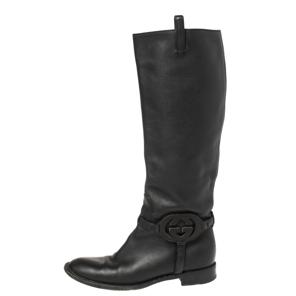 

Gucci Black Leather Interlocking G Mid Calf Boots Size