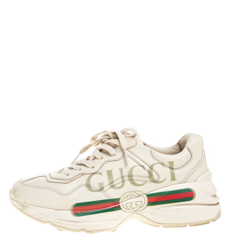 

Gucci Light Beige Leather Rhyton Gucci Logo Low Top Sneakers Size