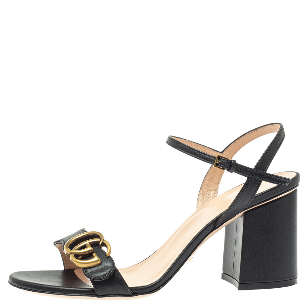 

Gucci Black Leather GG Marmont Block Heel Ankle Strap Sandals Size