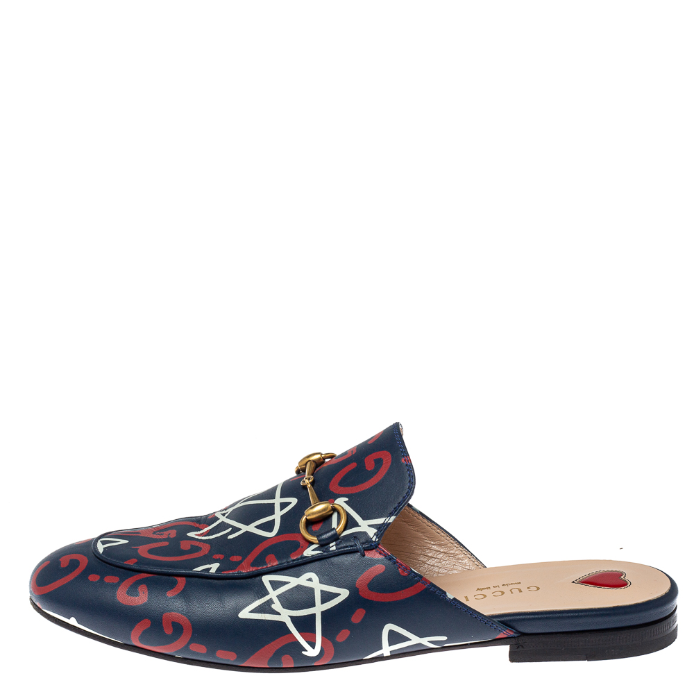

Gucci Navy Blue Leather Apollo Star Princetown Mules Size