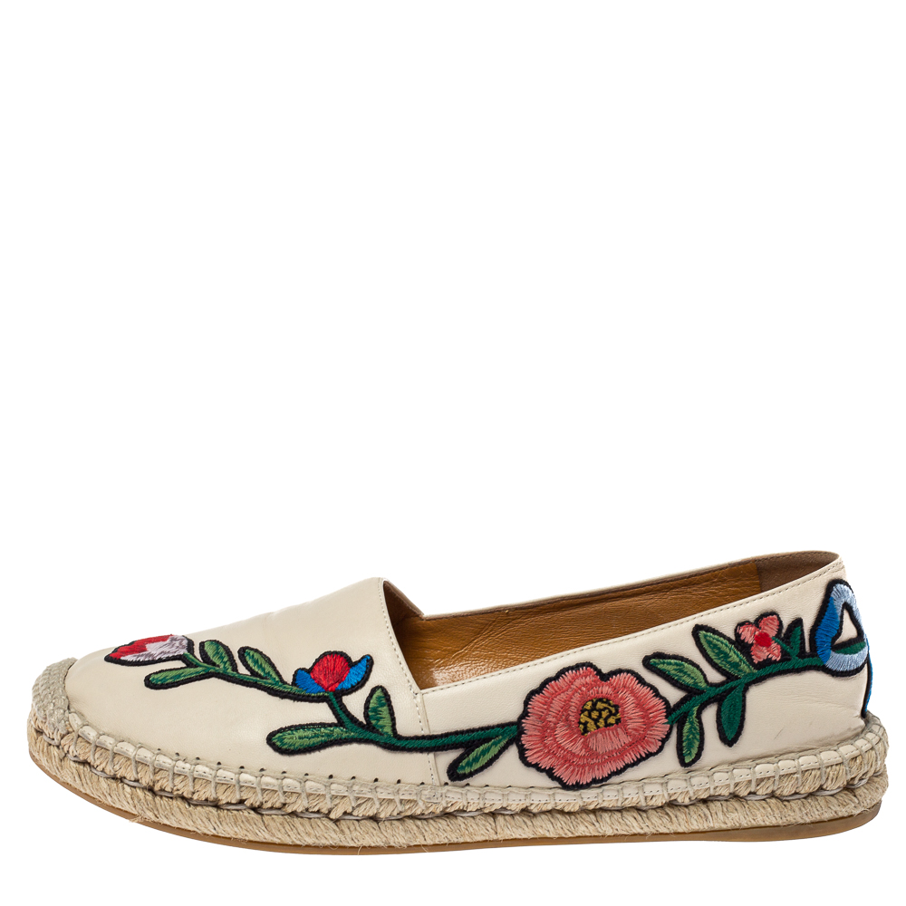 

Gucci Cream Floral Embroidered Leather Espadrille Flats Size, Beige