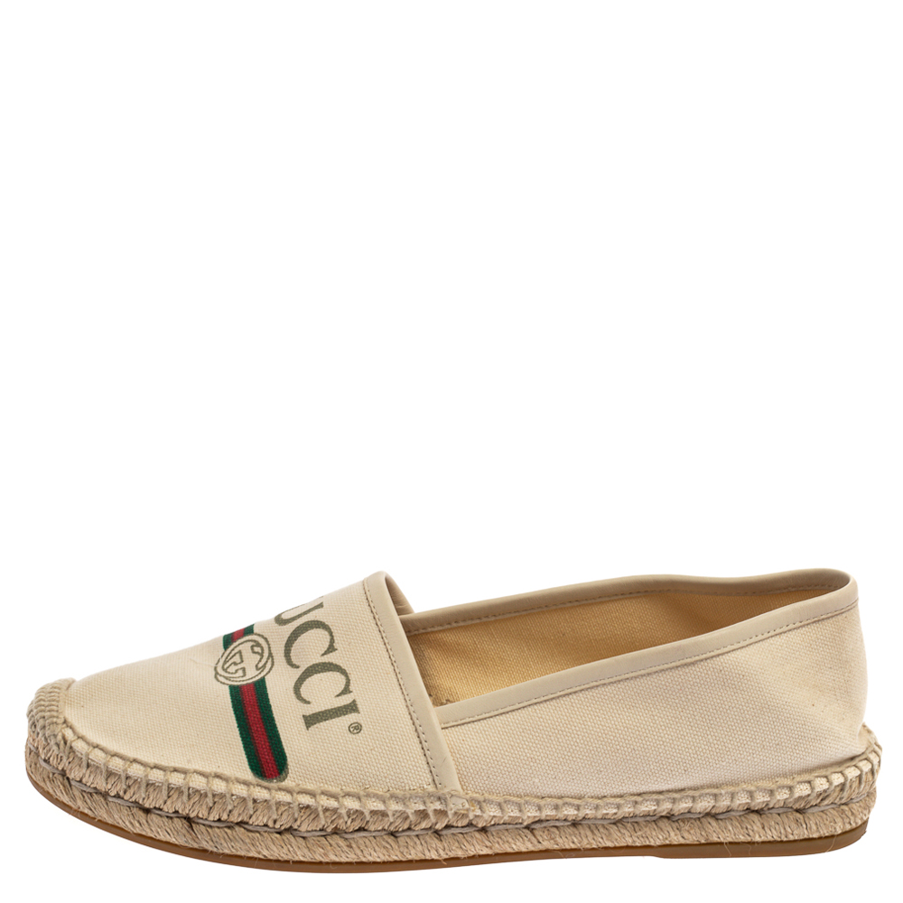 

Gucci White Canvas And Leather Trim Logo Print Espadrilles Size