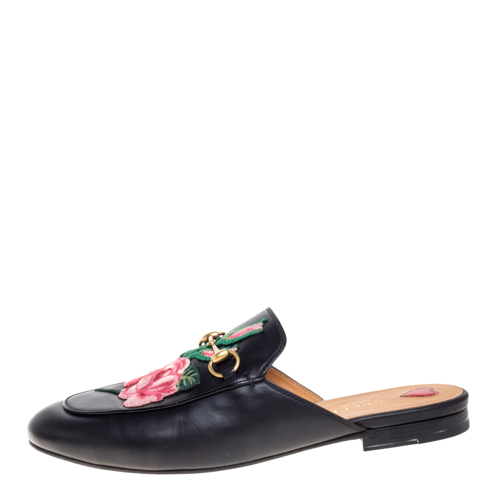 

Gucci Black Leather Rose Embroidered Princetown Horsebit Flat Mules Size