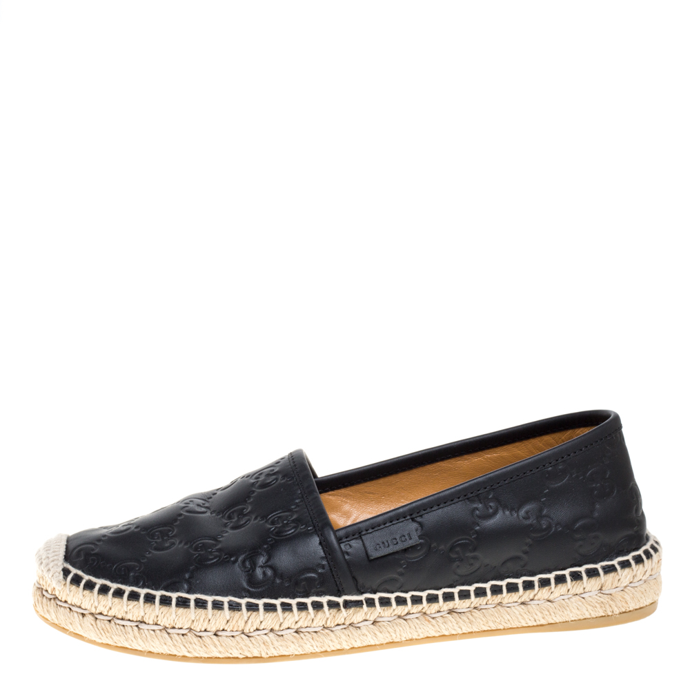

Gucci Black GG Leather Slip On Espadrille Flats Size