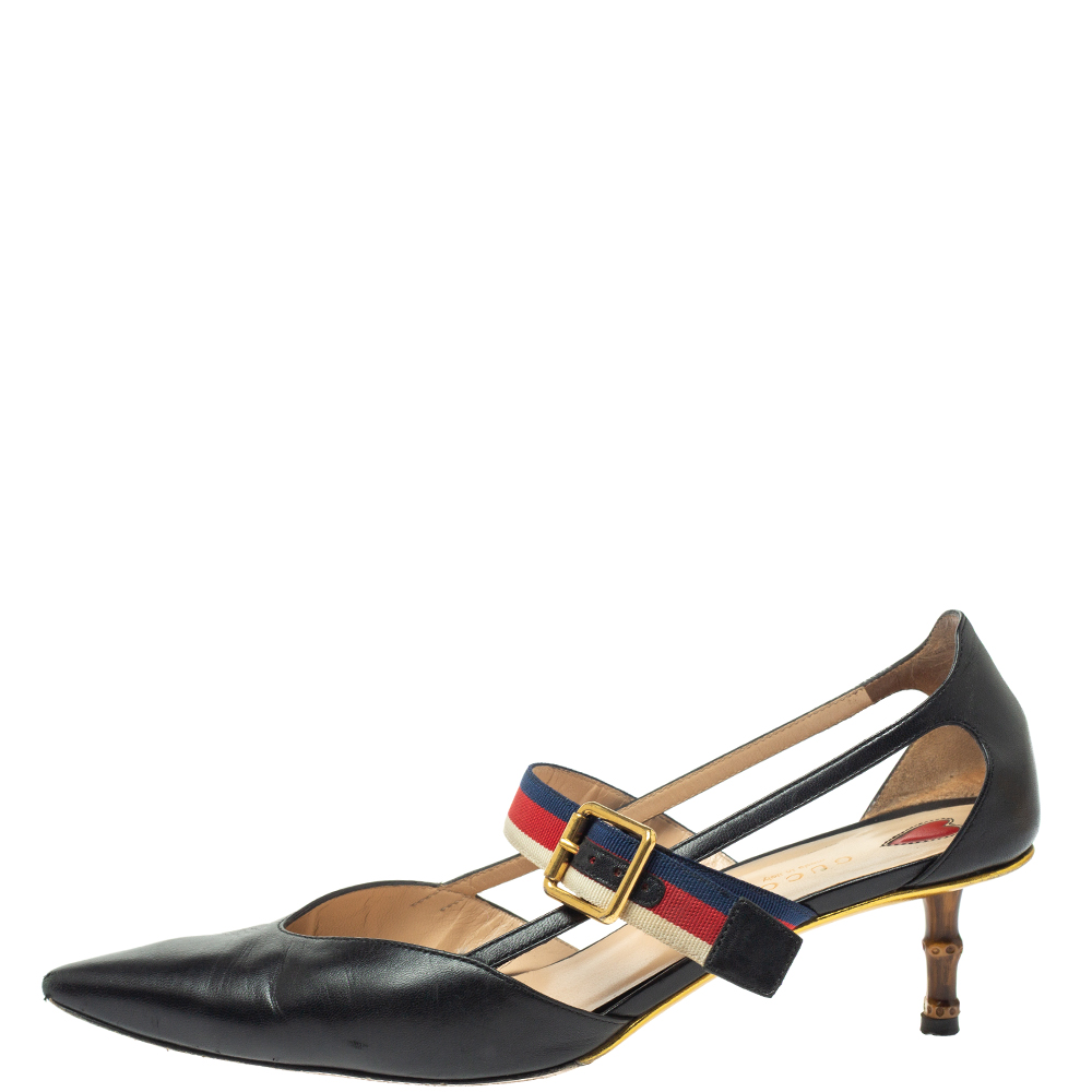 

Gucci Black Leather Unia Web Pumps Size