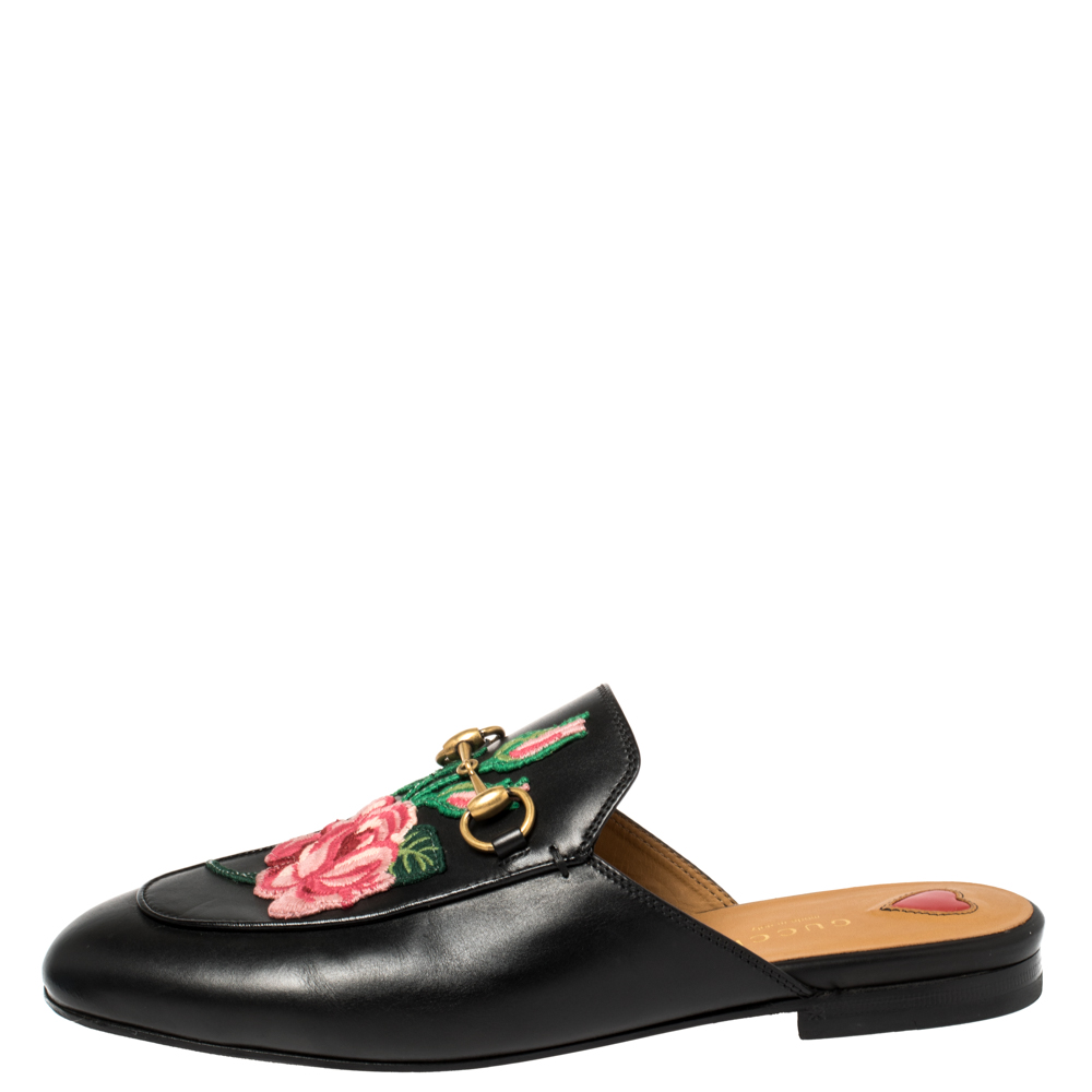 

Gucci Black Leather Rose Embroidered Princetown Horsebit Flat Mules Size