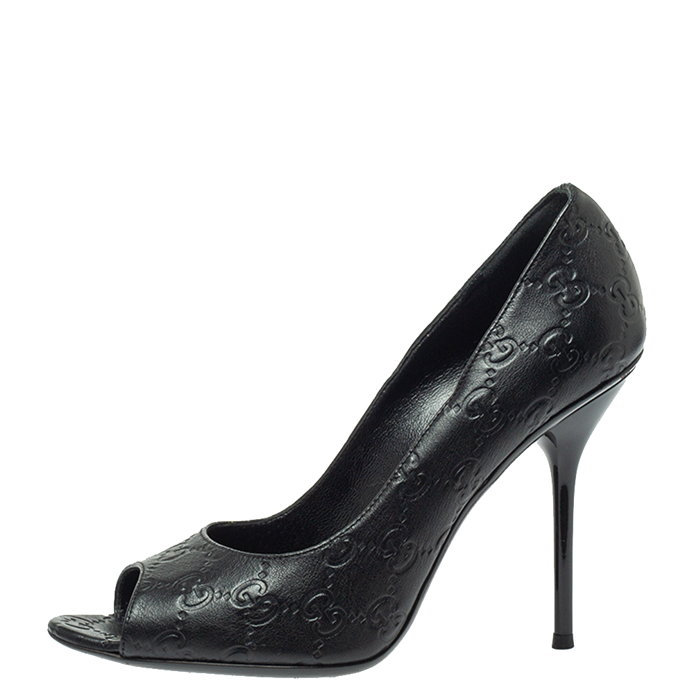 

Gucci Black Guccissima Leather Peep-Toe Pumps Size