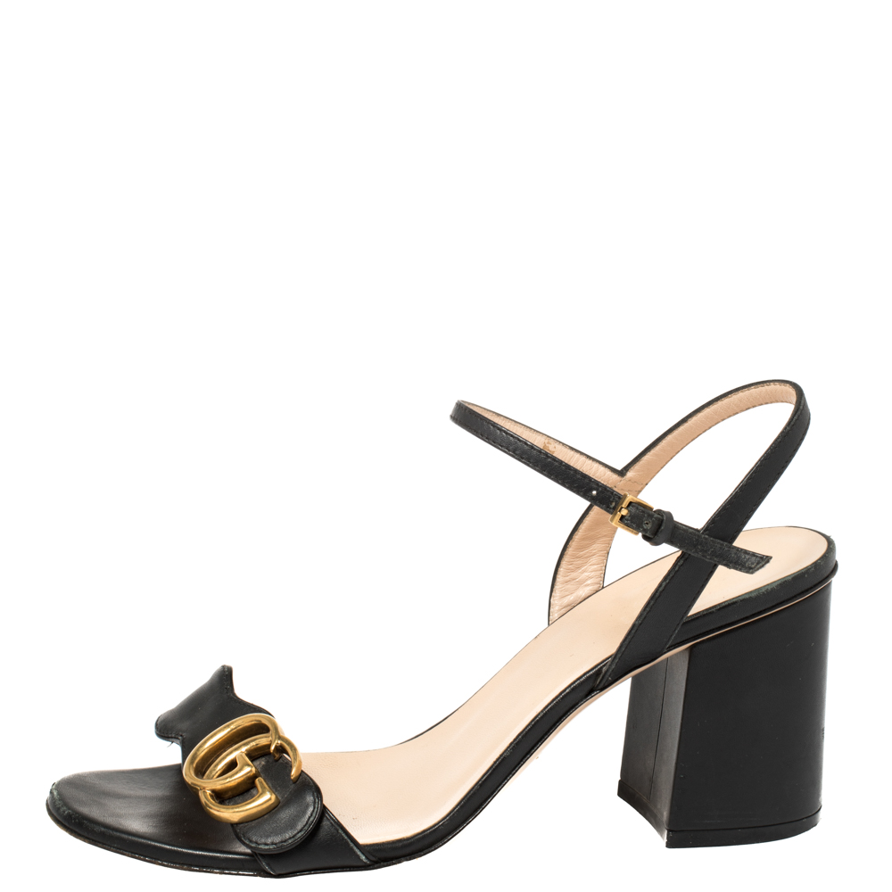 

Gucci Black Leather GG Marmont Block Heel Ankle Strap Sandals Size
