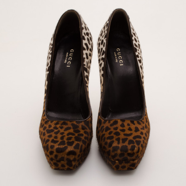 Pre-owned Gucci Leopard Print Calf-hair Platform Pumps Size 36.5 In Brown