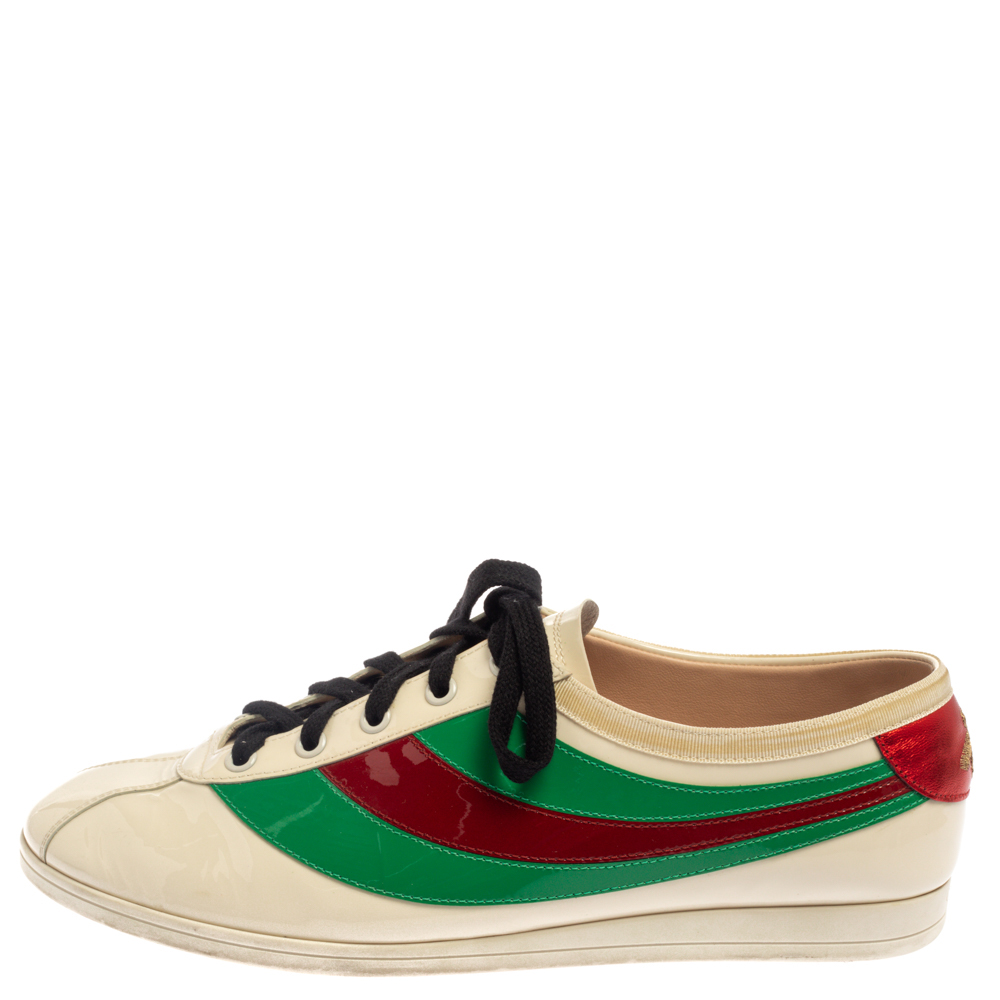 

Gucci White Patent Leather Falacer Web Low Top Sneakers Size
