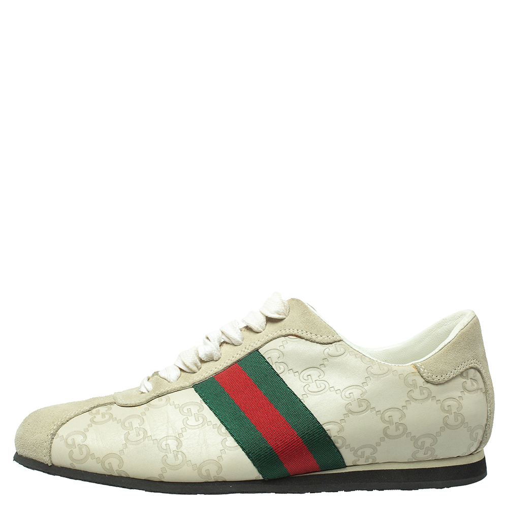 

Gucci White Guccissima Leather And Suede Web Low Top Sneakers Size