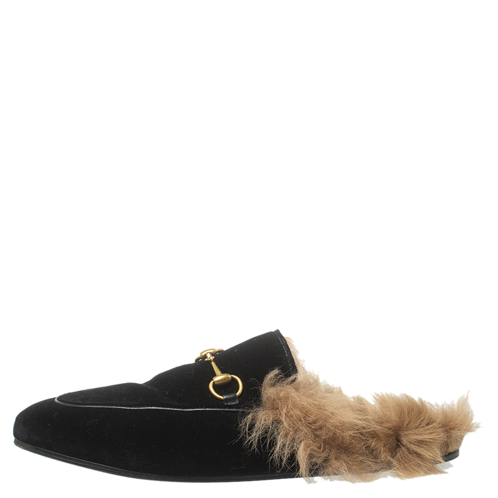 

Gucci Black Velvet And Fur Lined Princetown Flat Mules Size