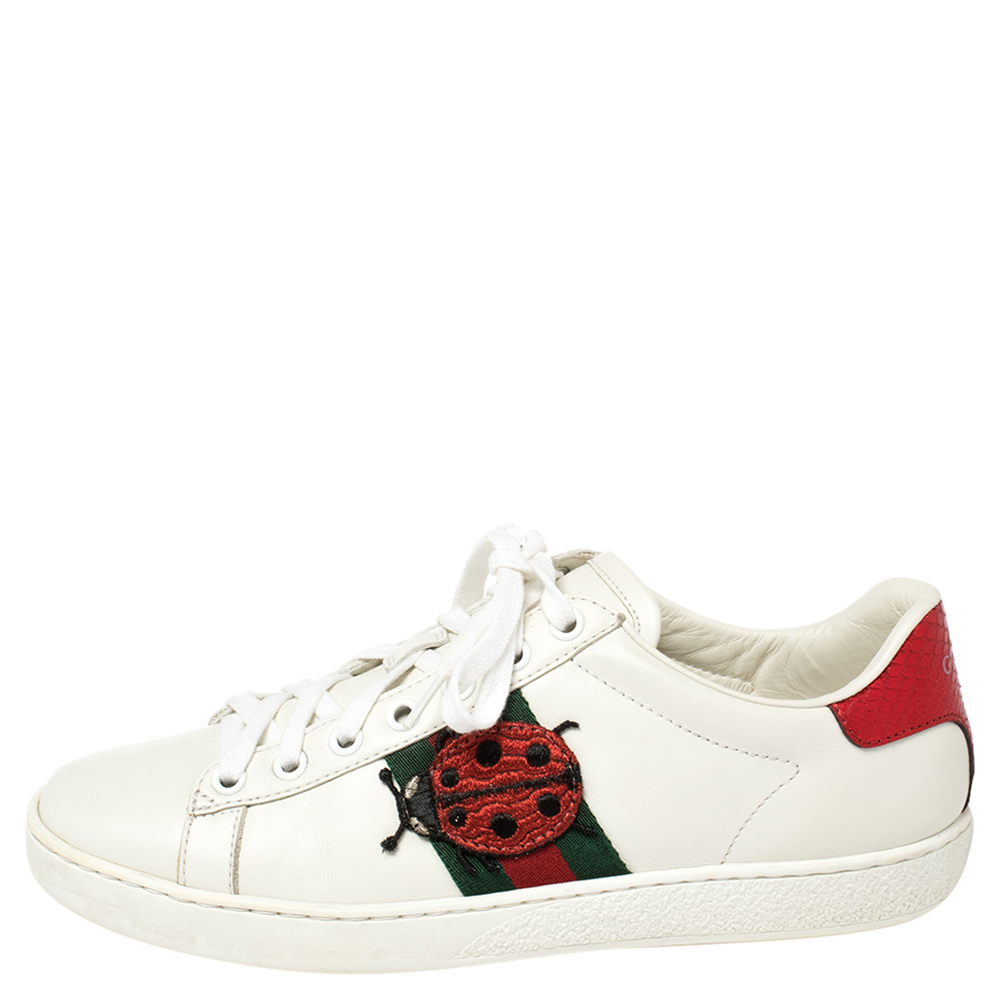 

Gucci White Leather Embroidered Ladybird And Pineapple Ace Sneakers Size