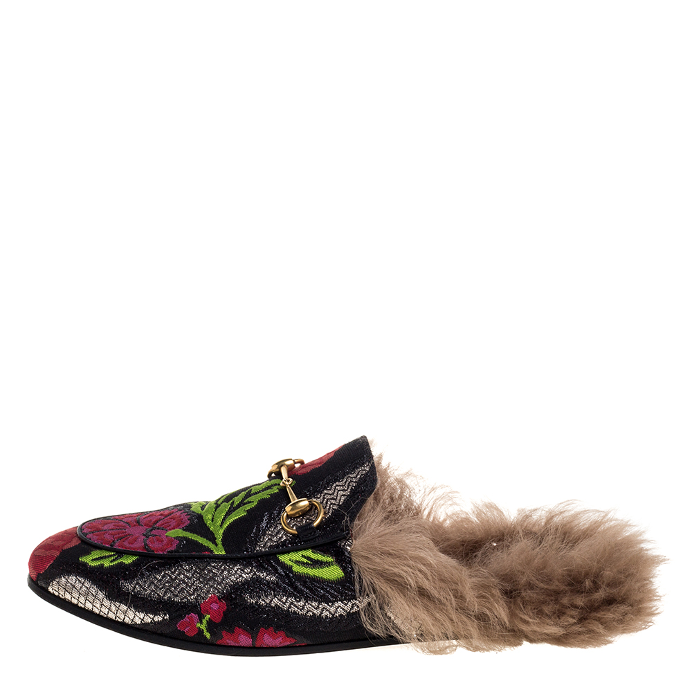 

Gucci Multicolor Jacquard Fabric And Fur Lined Horsebit Princetown Mules Size
