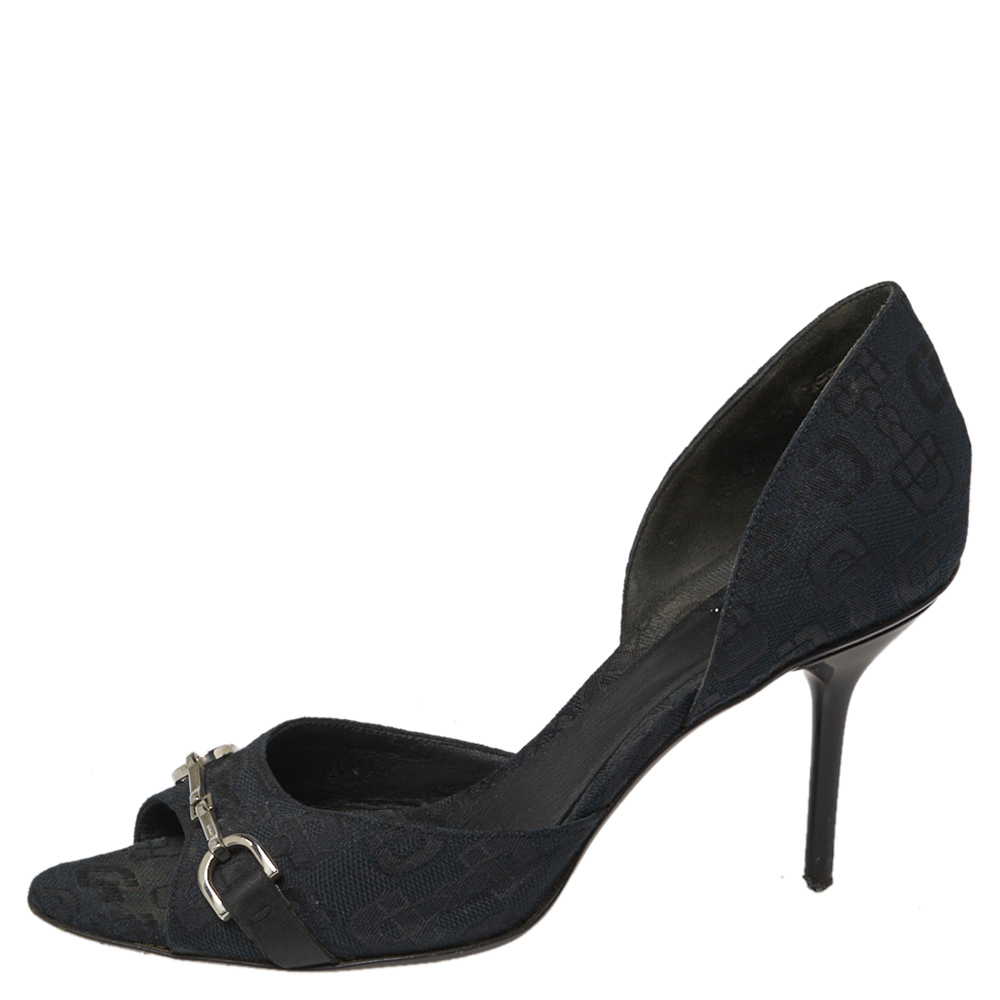 

Gucci Black Printed Canvas D'Orsay Horsebit Peep Toe Pumps Size