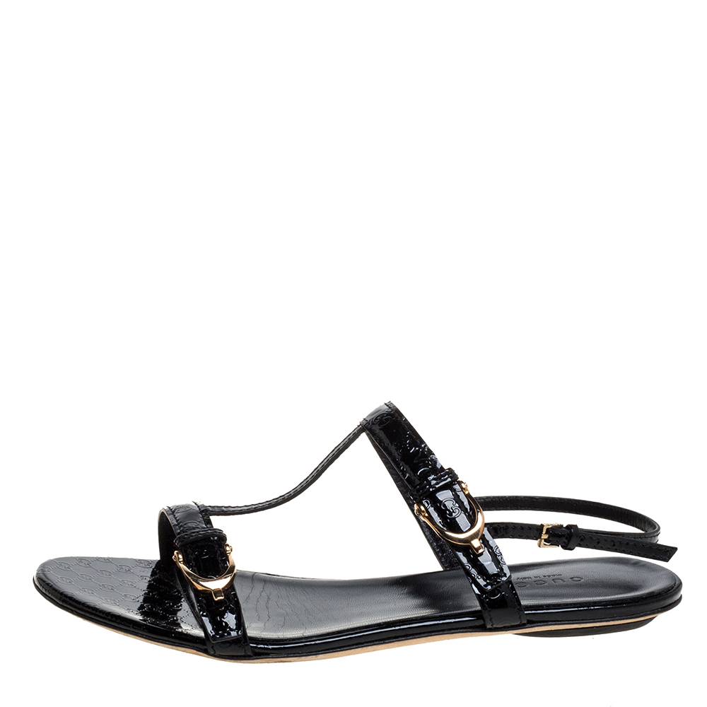 

Gucci Black Guccissima Patent Buckle Detail T-Strap Sandals Size