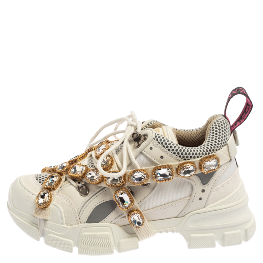 

Gucci White Leather And Mesh Flashtrek Embellished Low To Sneakers Size