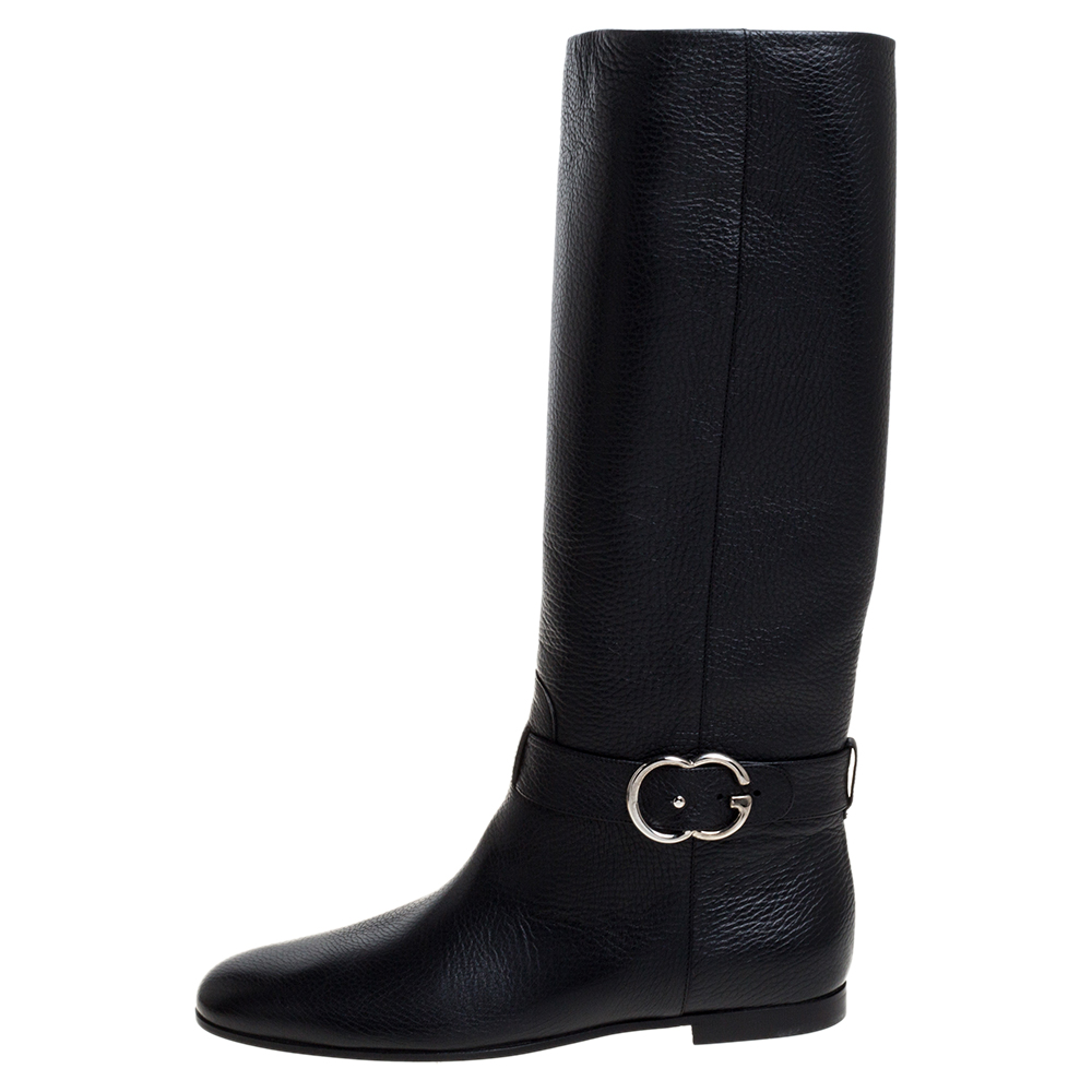 

Gucci Black Leather Sachalin Interlocking Double G Riding Boots Size